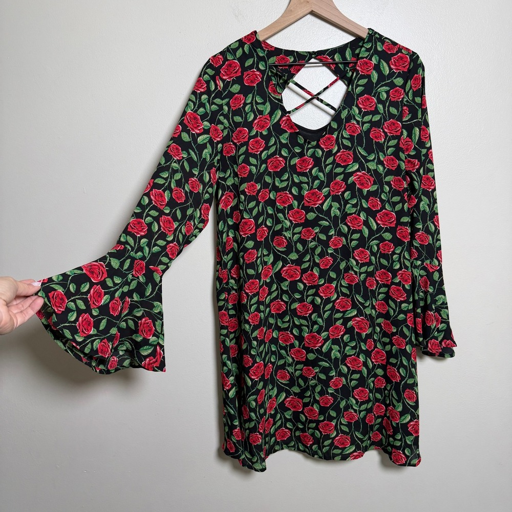 Disney Snow White Women Dress L Black Red Rose Print Bell Sleeve Whimsigoth